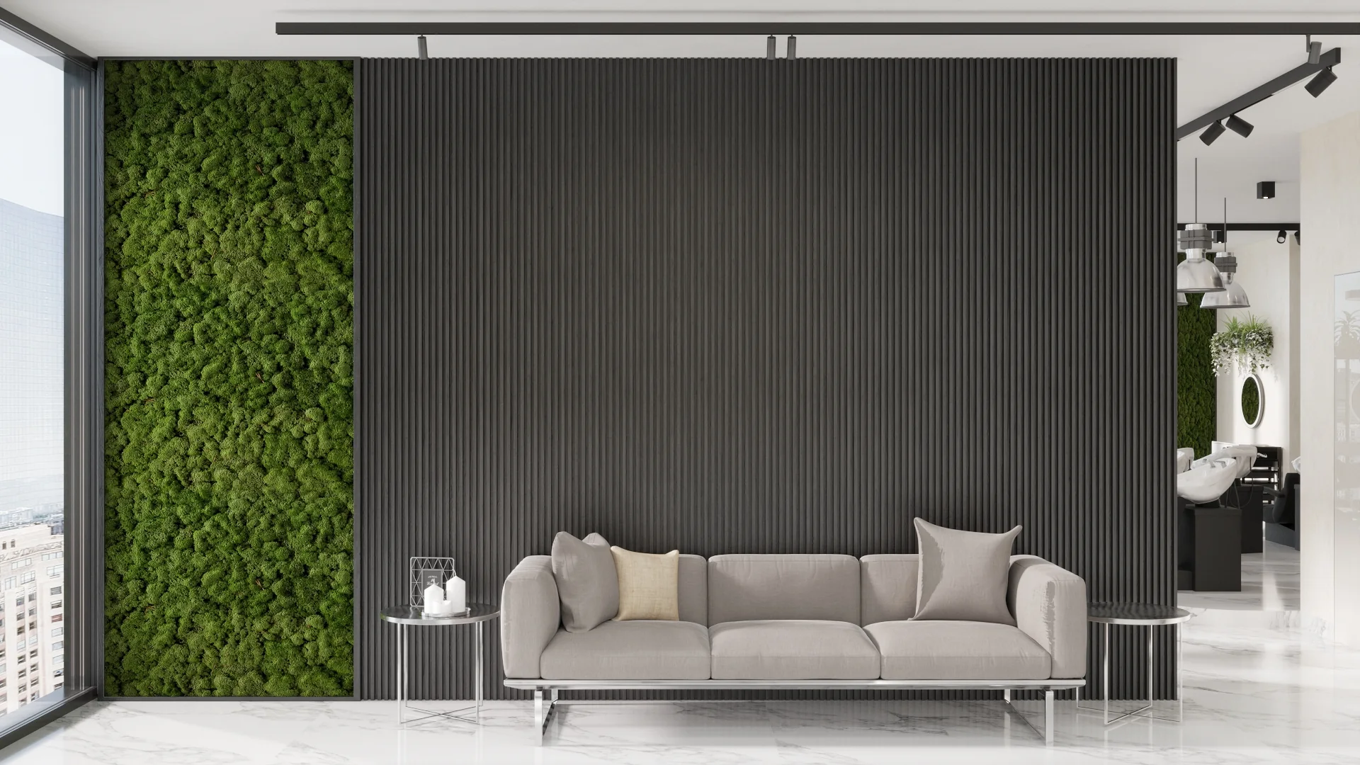 Final Dubai hair salon lounge view with green wall, sofa and styling area beyond