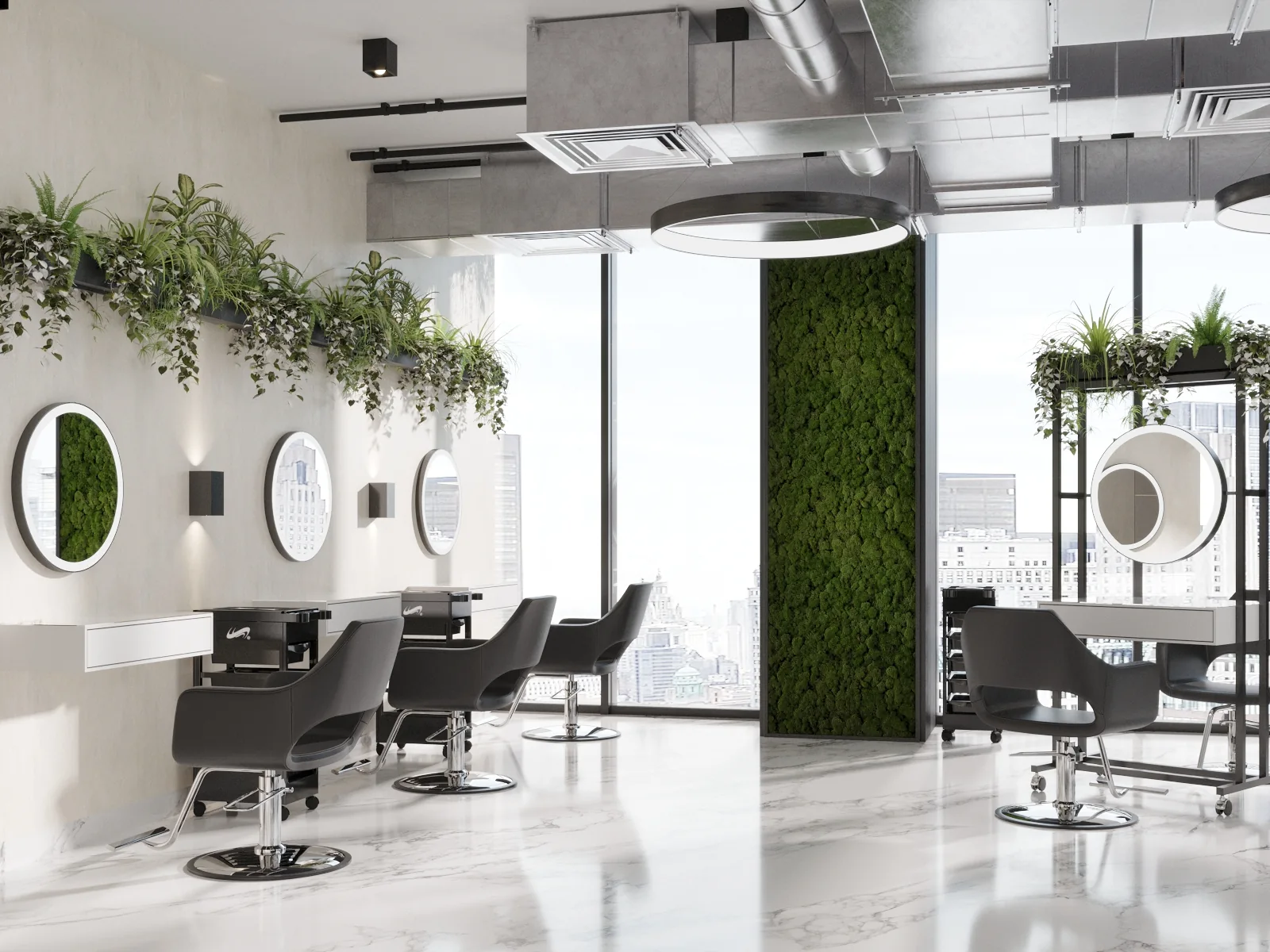 Main Dubai hair salon workspace with styling chairs, mirrors, green wall and panoramic windows