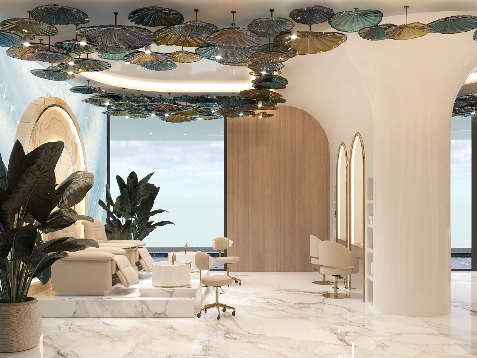 Panoramic Dubai hair salon styling area with sculptural ceiling, soft seating and marble-effect floor