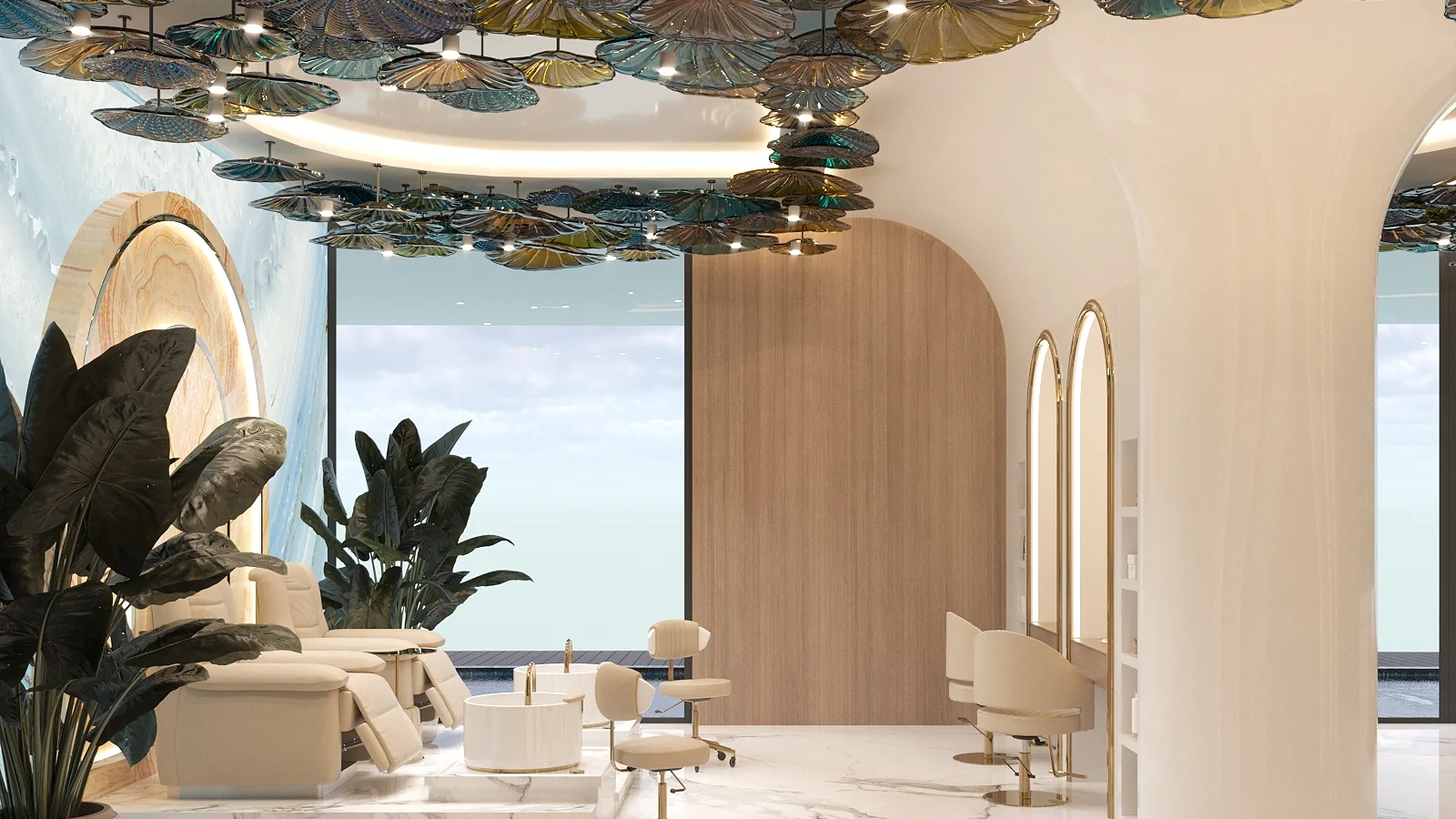 Panoramic Dubai hair salon interior with sculptural ceiling, marble-effect floor, greenery and styling area