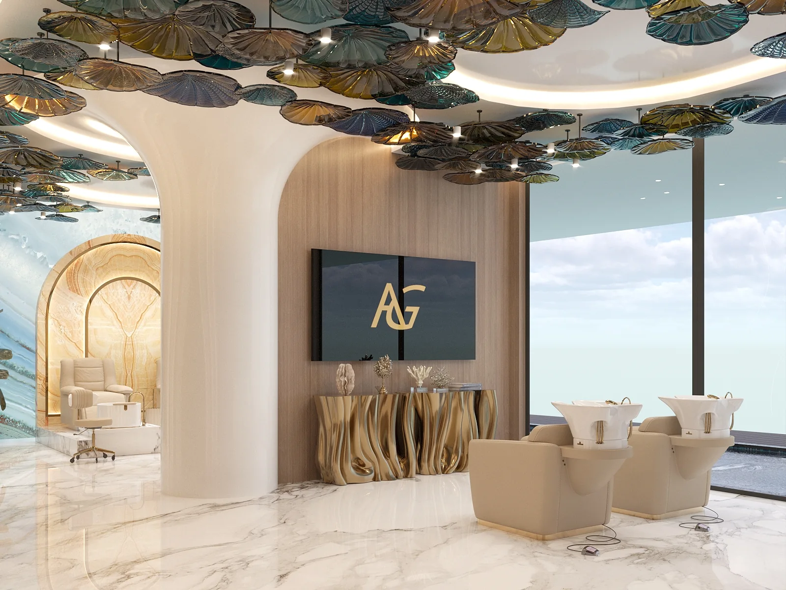 Premium training and consultation area in Dubai hair salon with panoramic city view