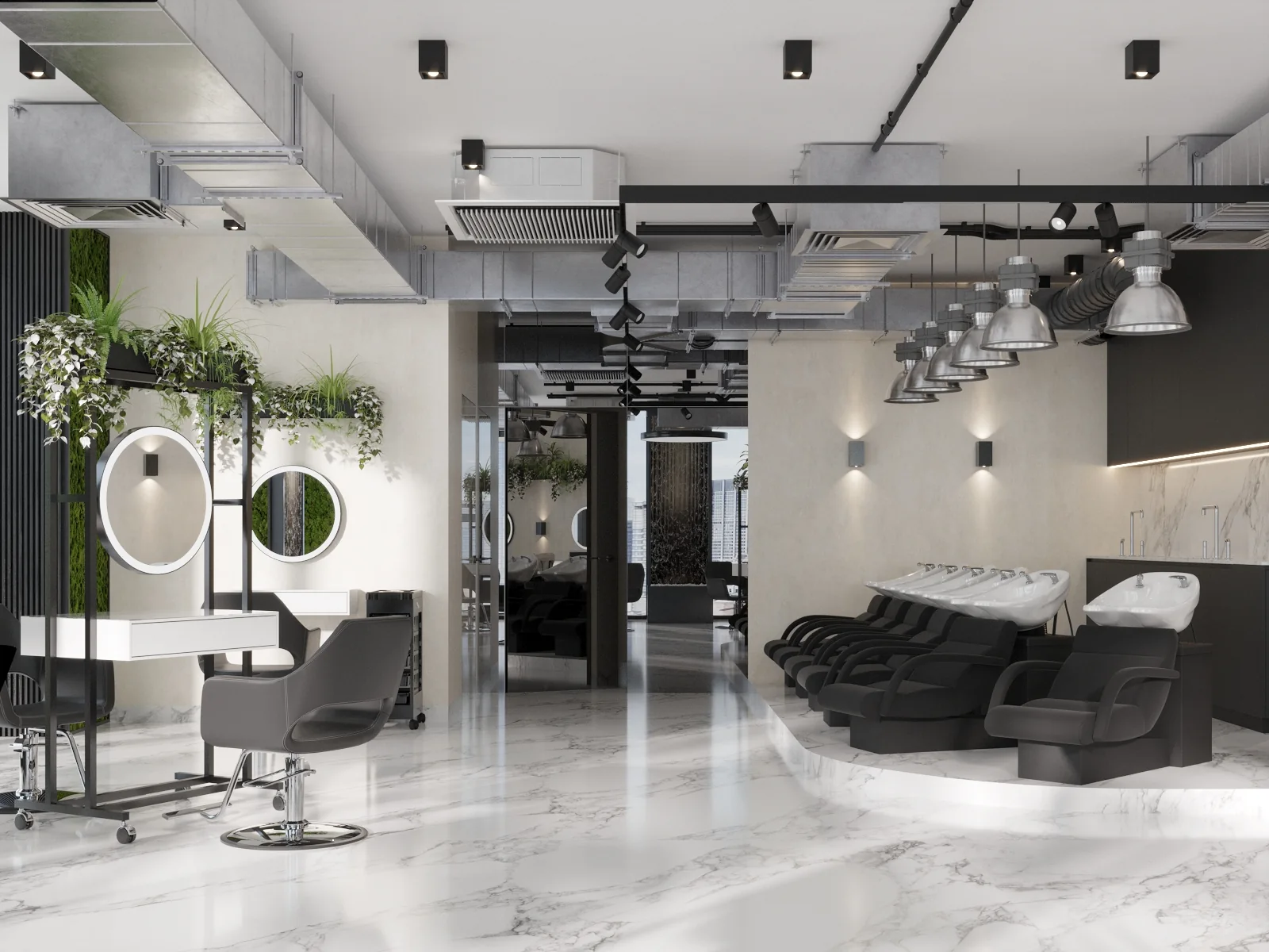 Open-plan Dubai hair salon with washing chairs, styling mirrors and visible ventilation system