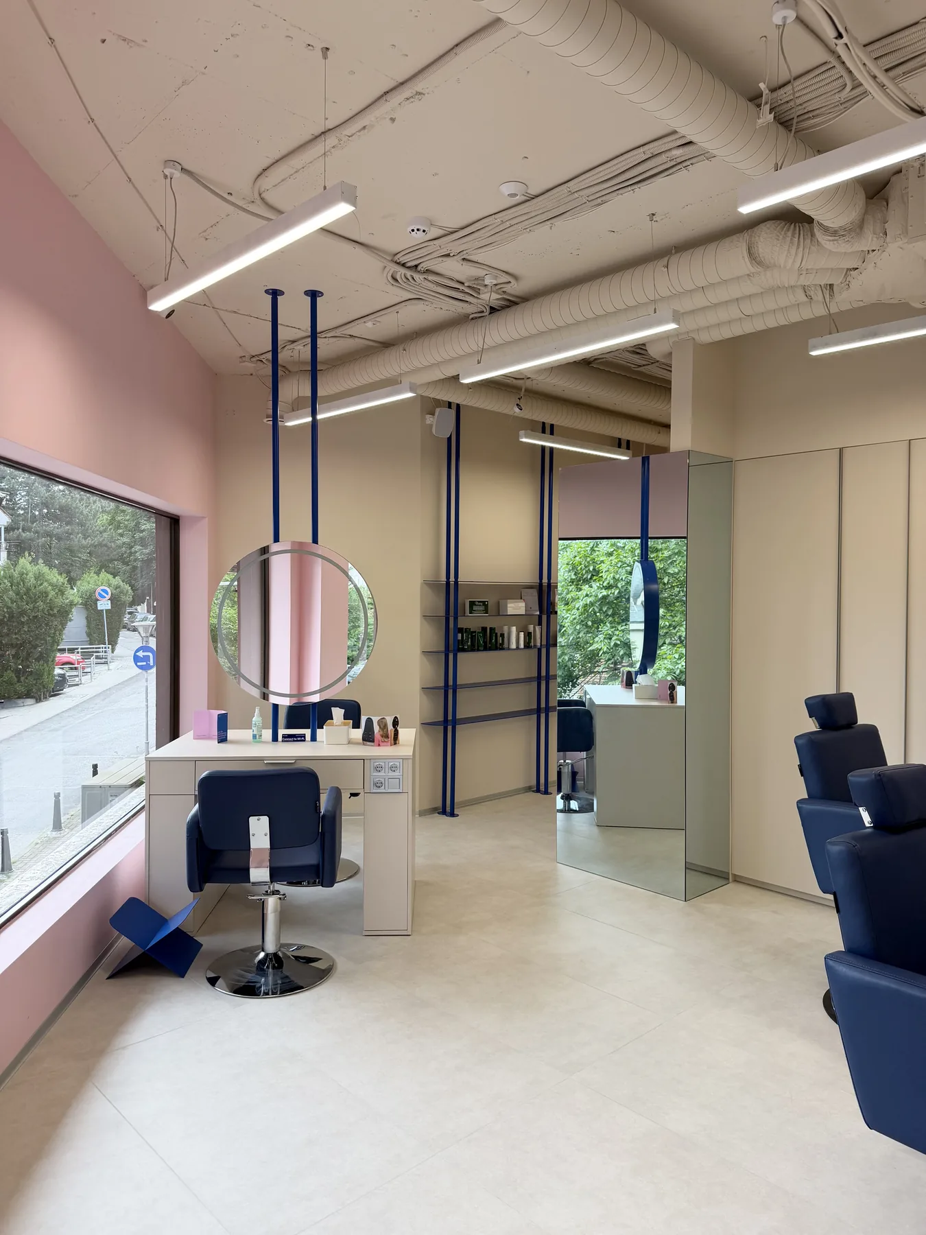 Round mirror styling station after renovation works for G-Bar Sofia beauty salon