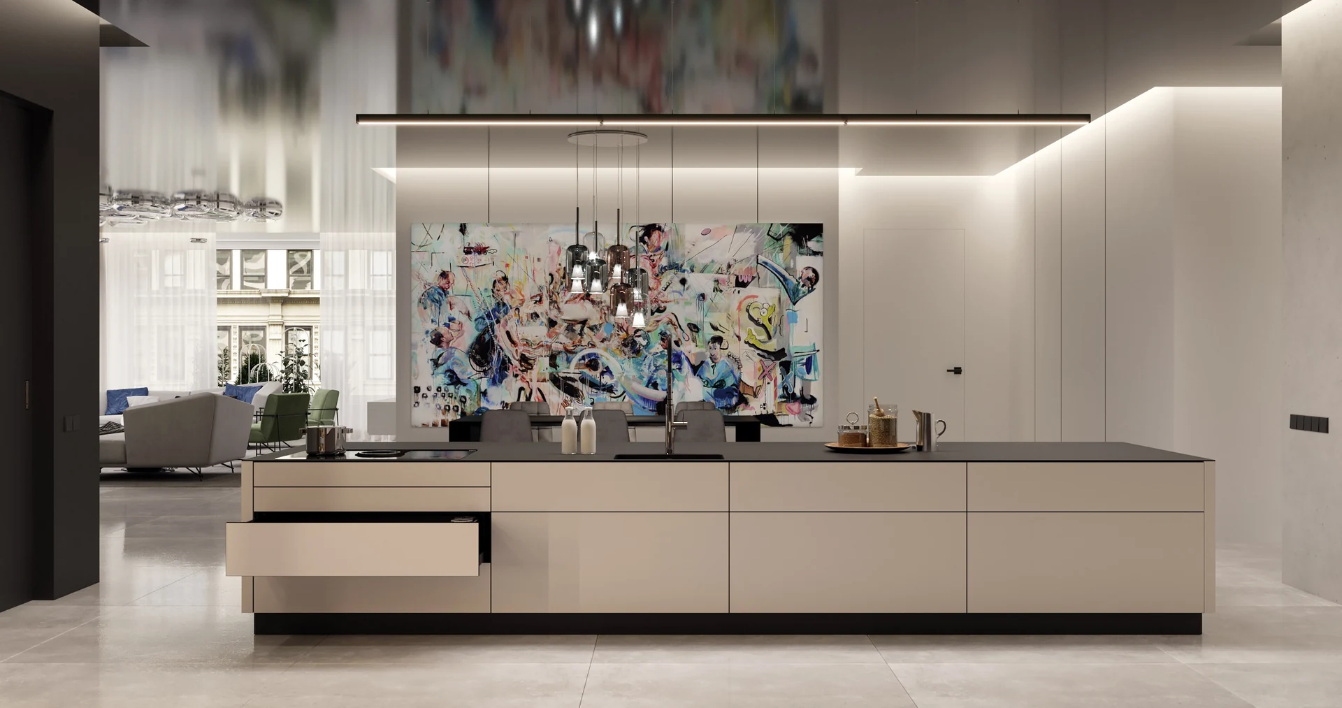 Danica portfolio kitchen interior with large artwork, concealed lighting and marble floor