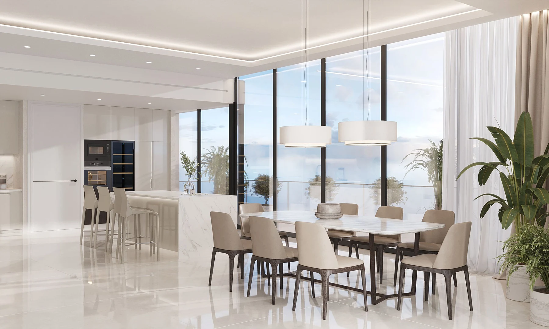 Royal Atlantis dining interior with marble table, floor-to-ceiling windows and sea view