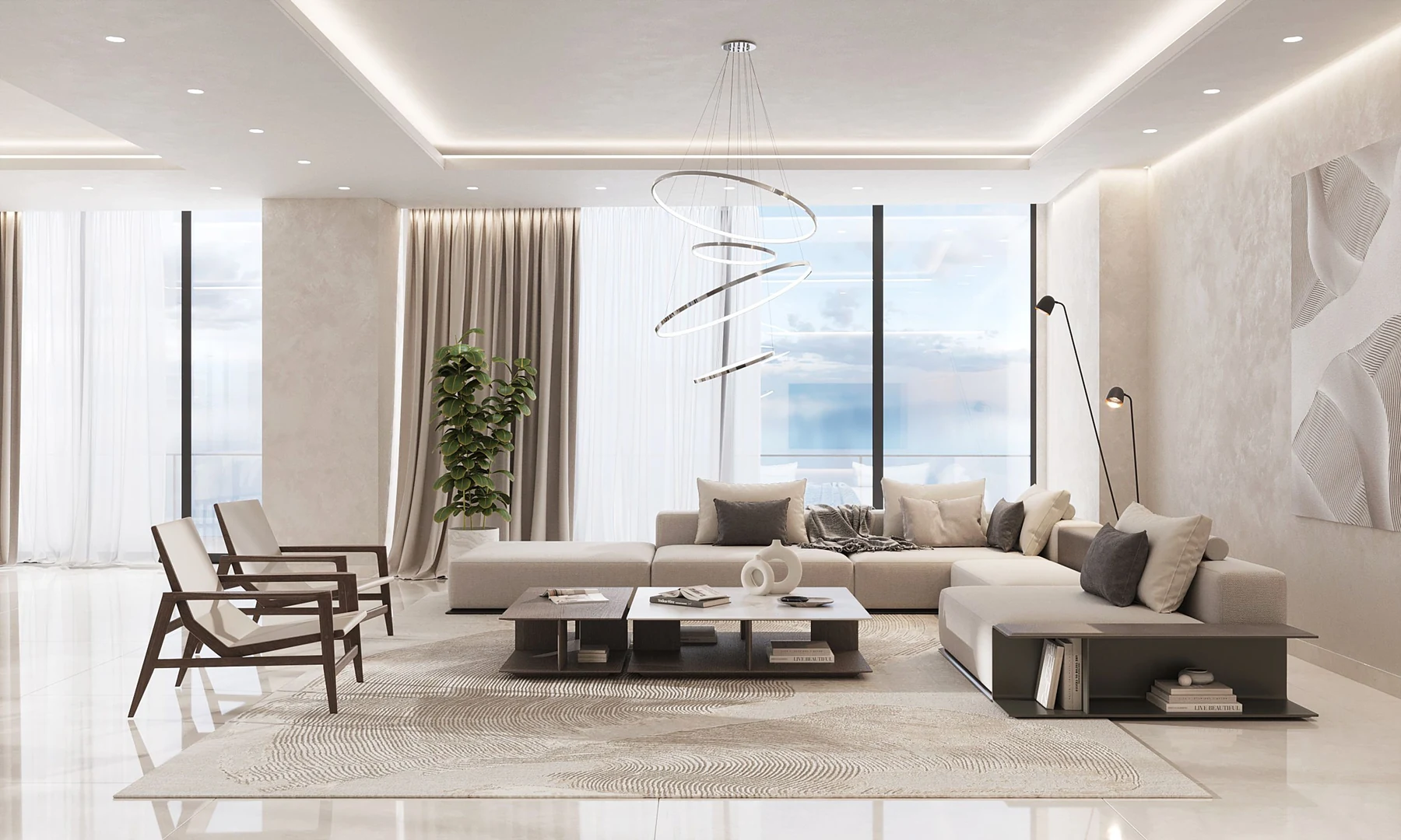 Royal Atlantis living room interior with curved sofa, sculptural lighting and sea view
