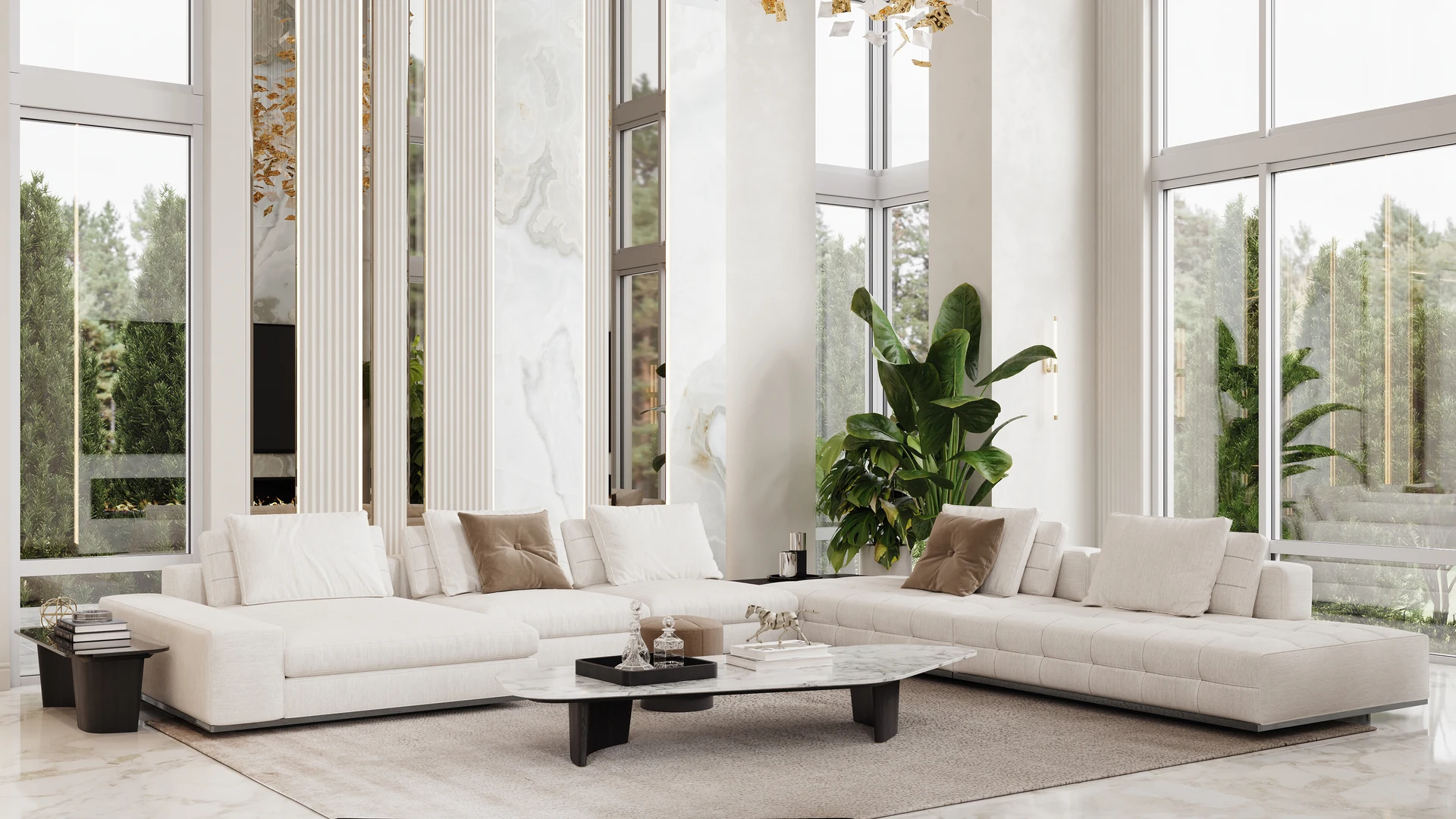 Brooklyn residence living room with tall windows, cream sofa and gold chandelier