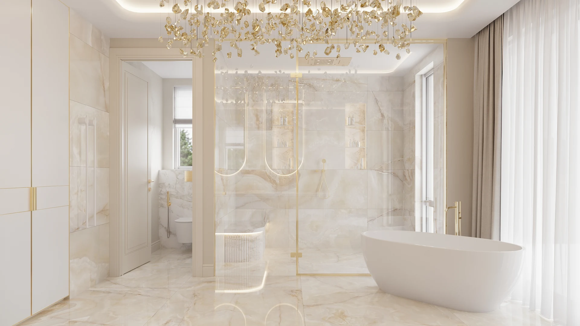 Brooklyn master bathroom with marble walls, freestanding tub and gold glass shower frame