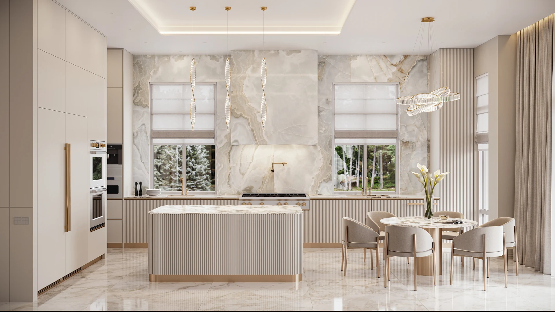 Brooklyn kitchen interior with marble island, ribbed cabinetry and gold lighting
