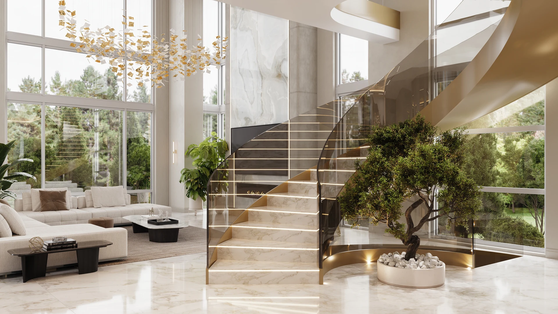 Brooklyn residence living room with illuminated staircase, glass railing and indoor tree