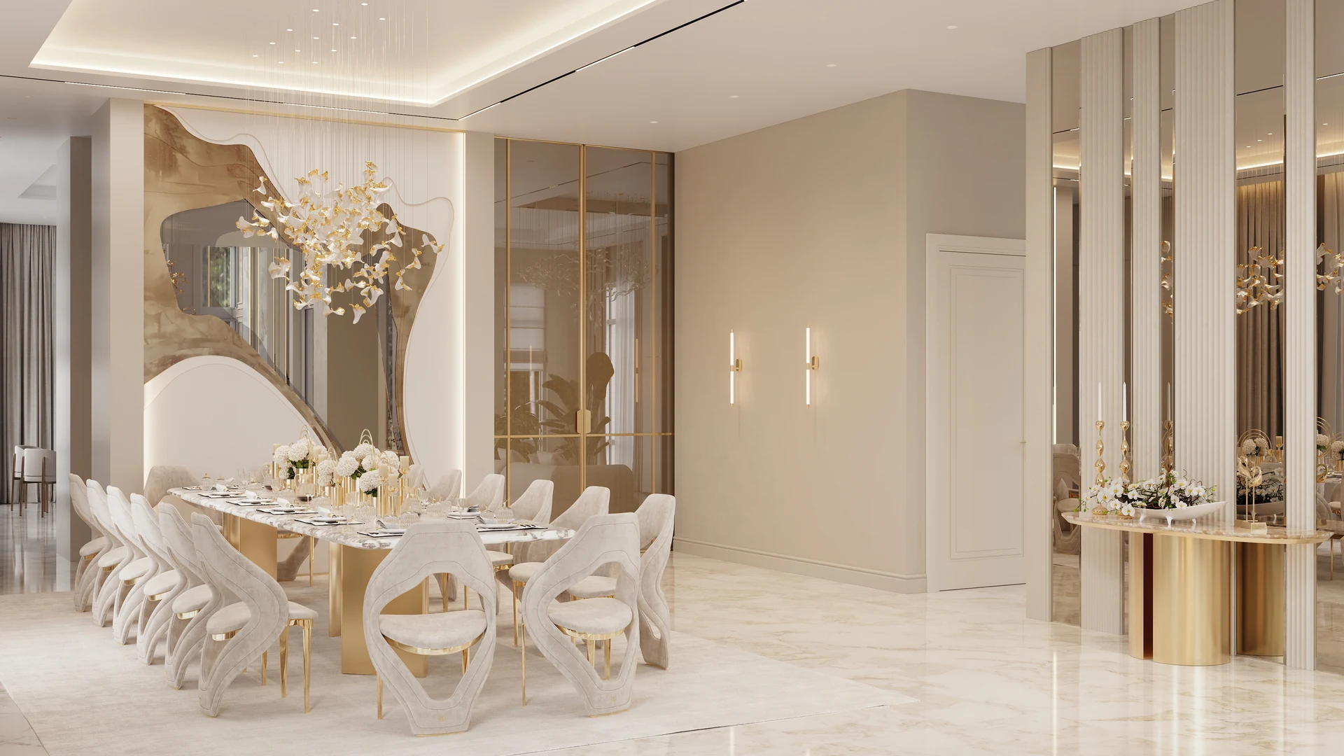 Brooklyn formal dining room with sculptural chairs, gold table and mirrored wall panels