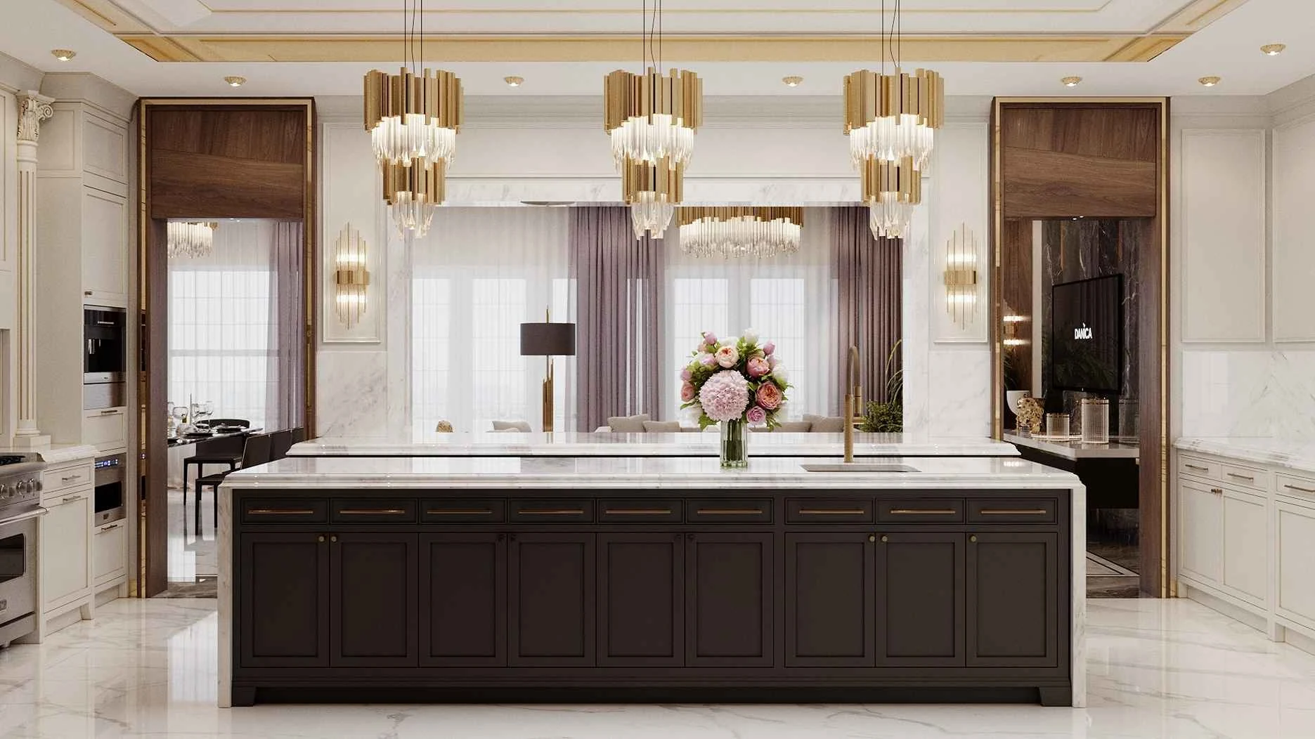 Versace apartment kitchen island symmetry with brass chandeliers and dining view