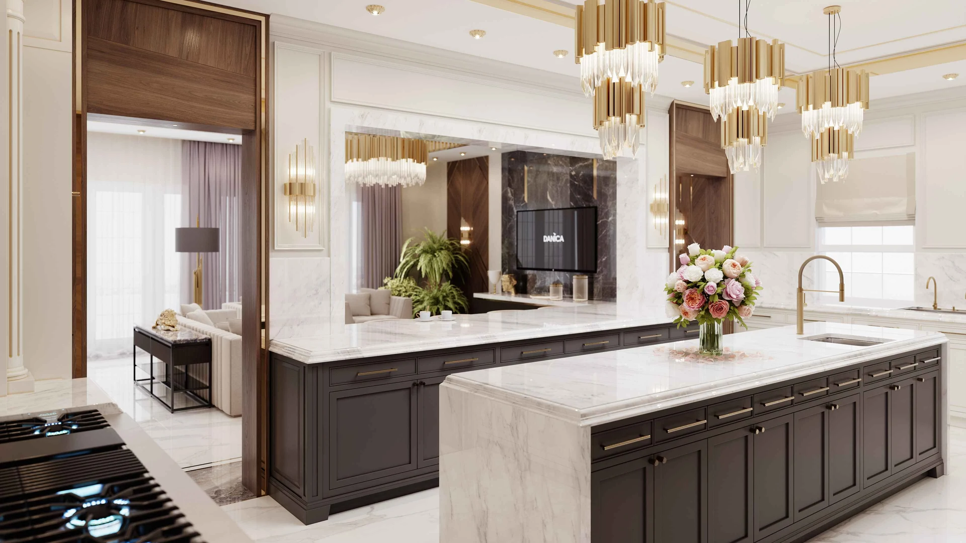 Versace apartment luxury kitchen with marble island and gold pendant lighting