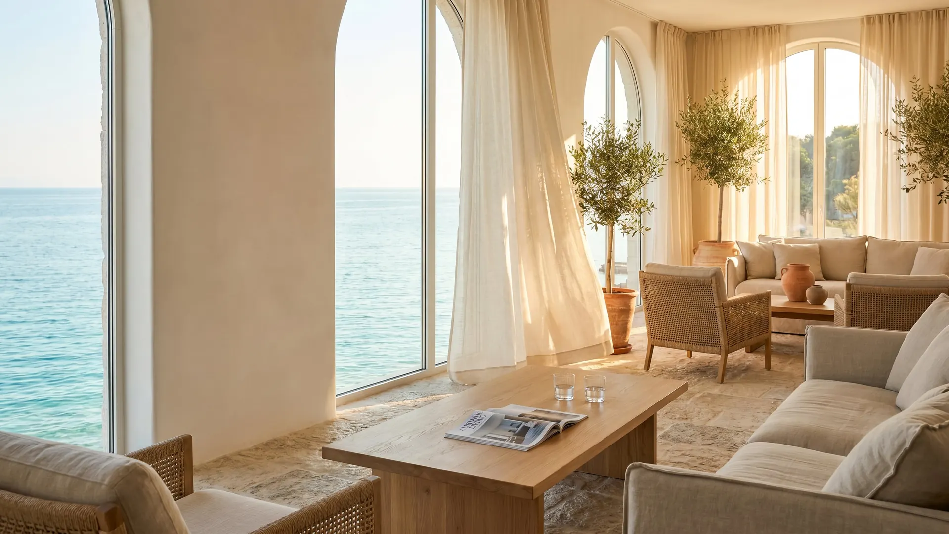 Interior design Croatia - finished coastal living room with sea view and warm natural materials