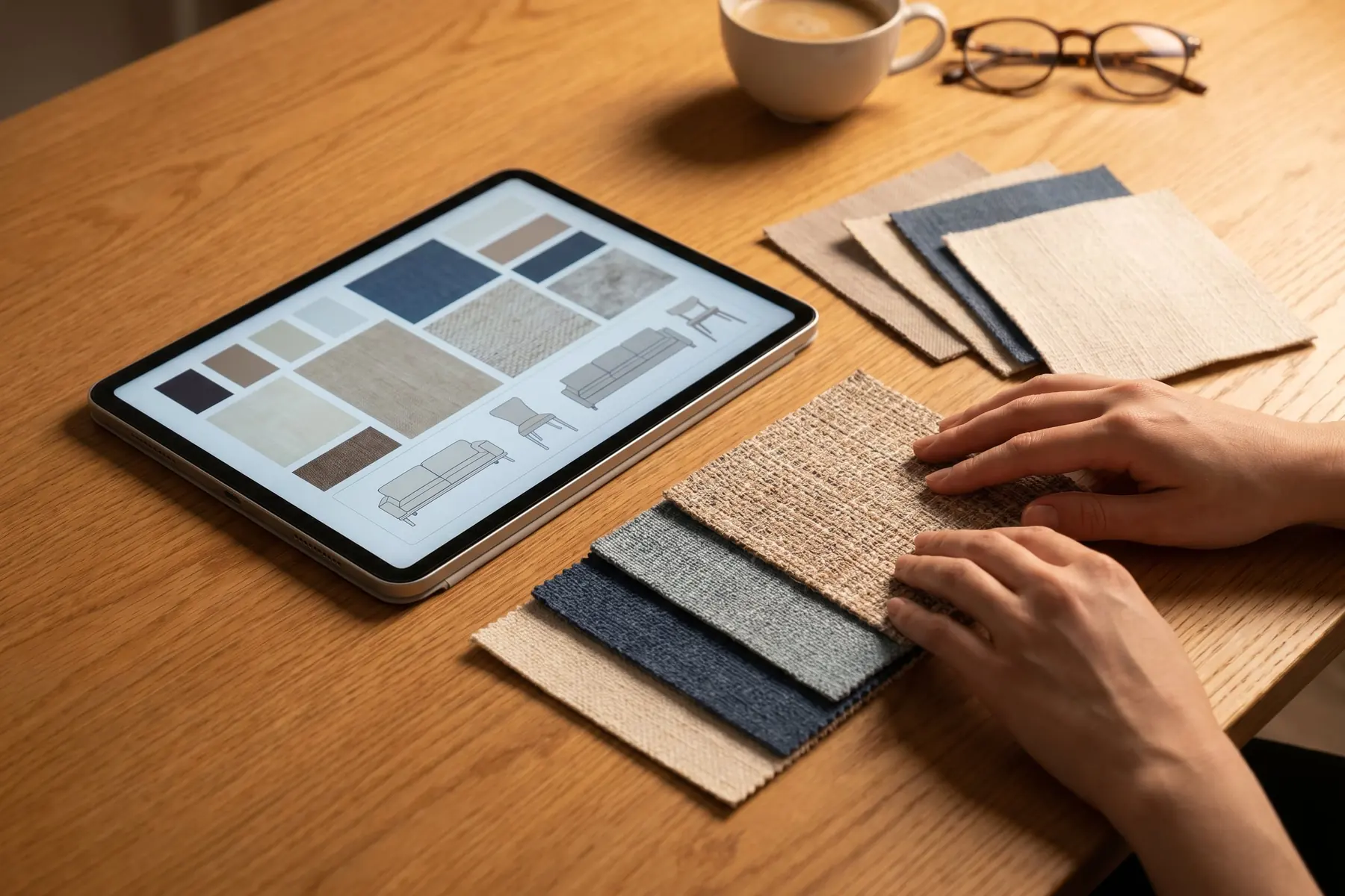 Interior design Croatia - tablet moodboard with fabric swatches for remote furnishing approval