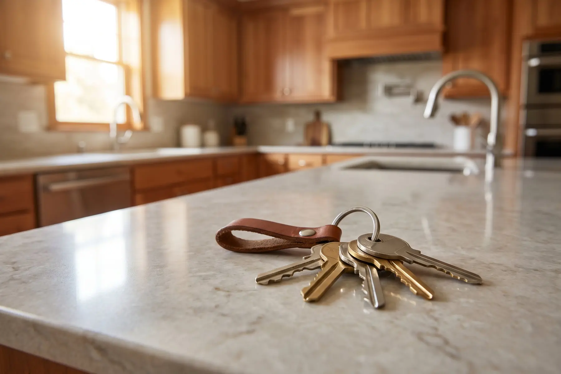 Apartment renovation Croatia - keys on a clean stone kitchen counter after turnkey handover