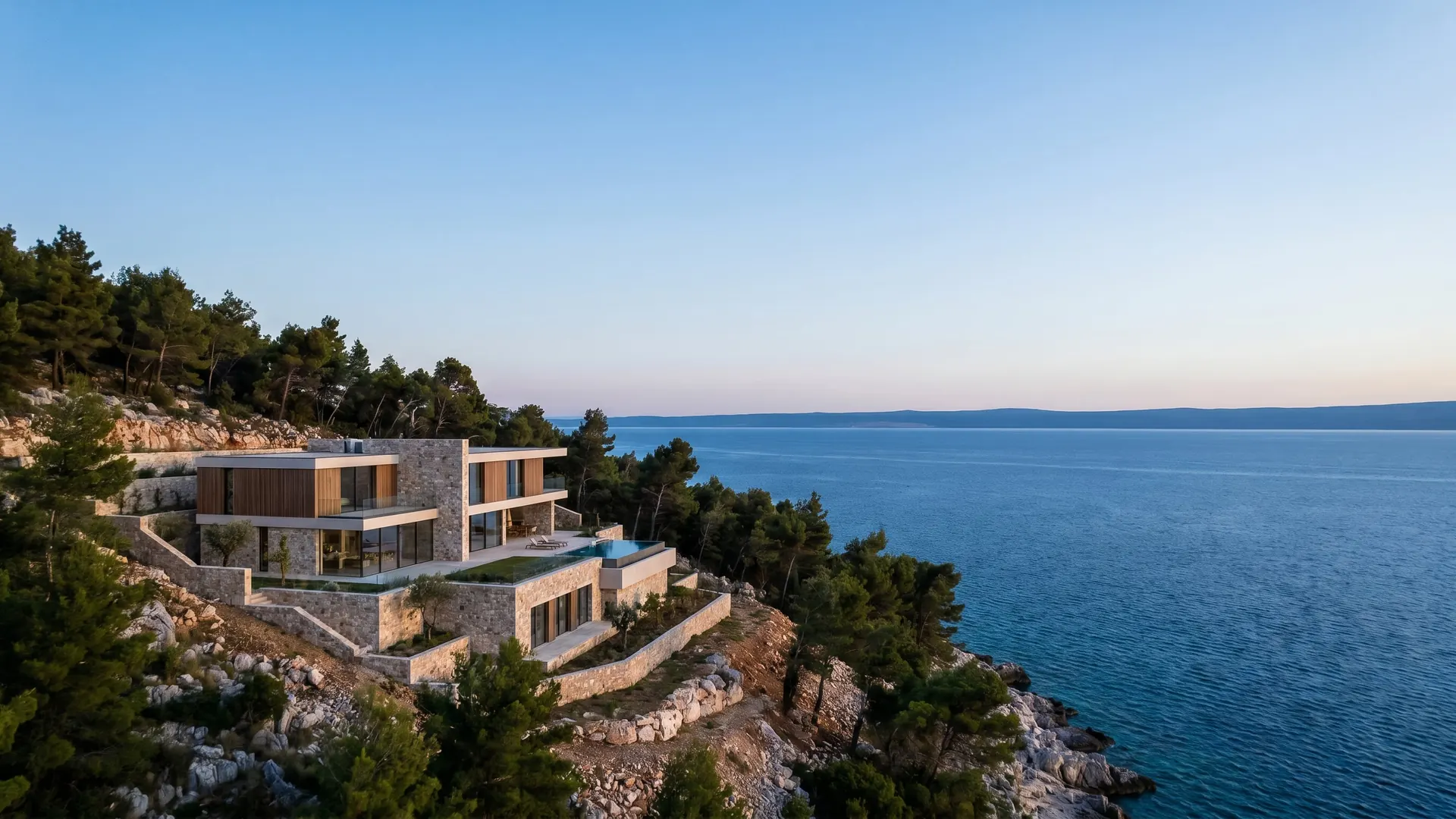 Architecture concept Croatia - modern villa concept integrated into rocky pine landscape near the Adriatic