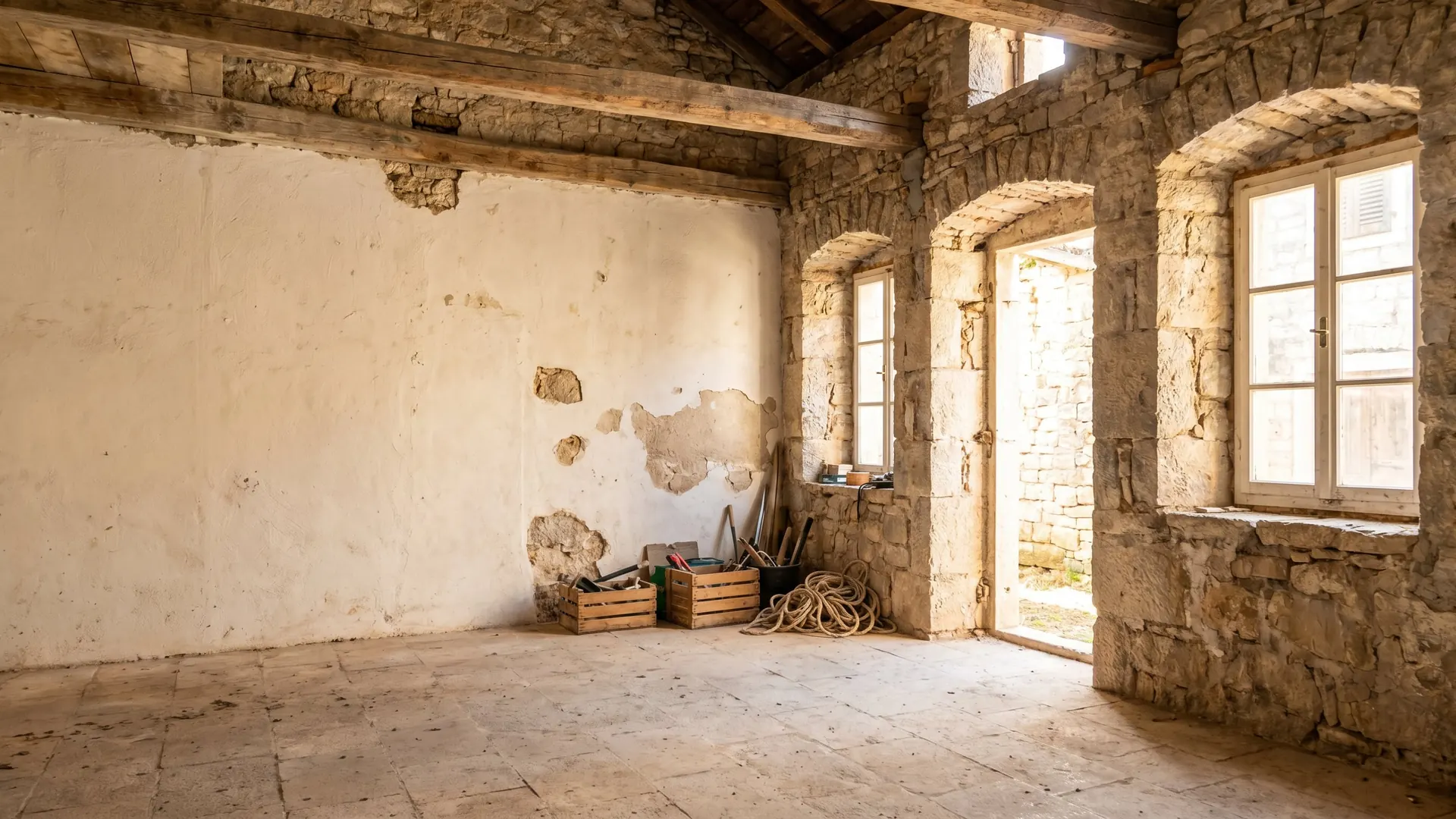 Croatia property review after purchase - raw Dalmatian stone house interior with natural light and renovation potential