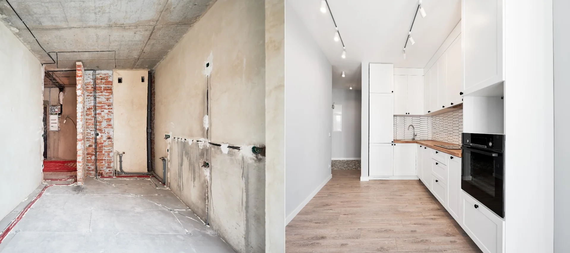 Kitchen renovation before and after with construction stage and finished kitchen