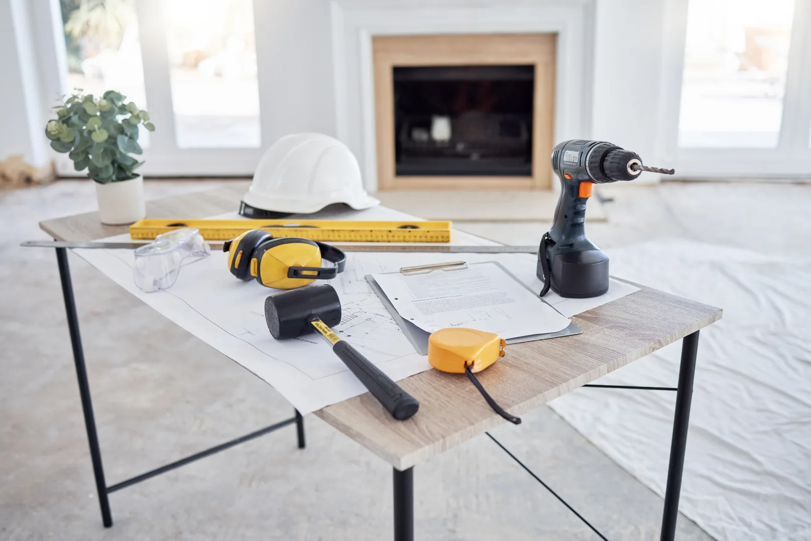Construction management planning table with drawings, hard hat and tools