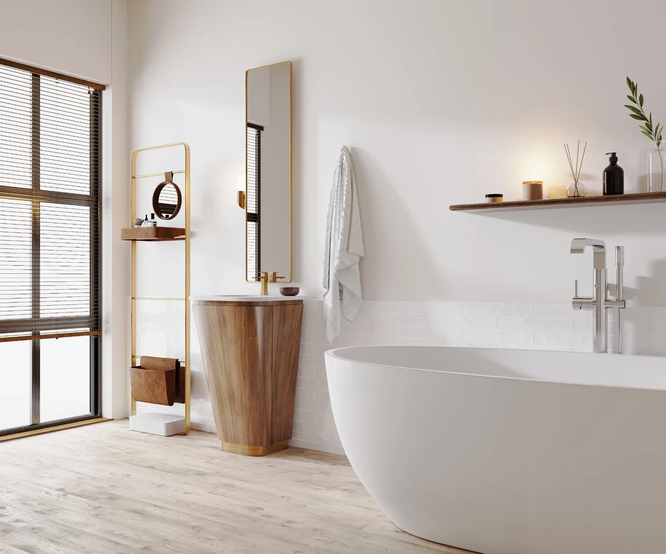 Minimalist bathroom interior with wood vanity, freestanding bath and warm natural finishes
