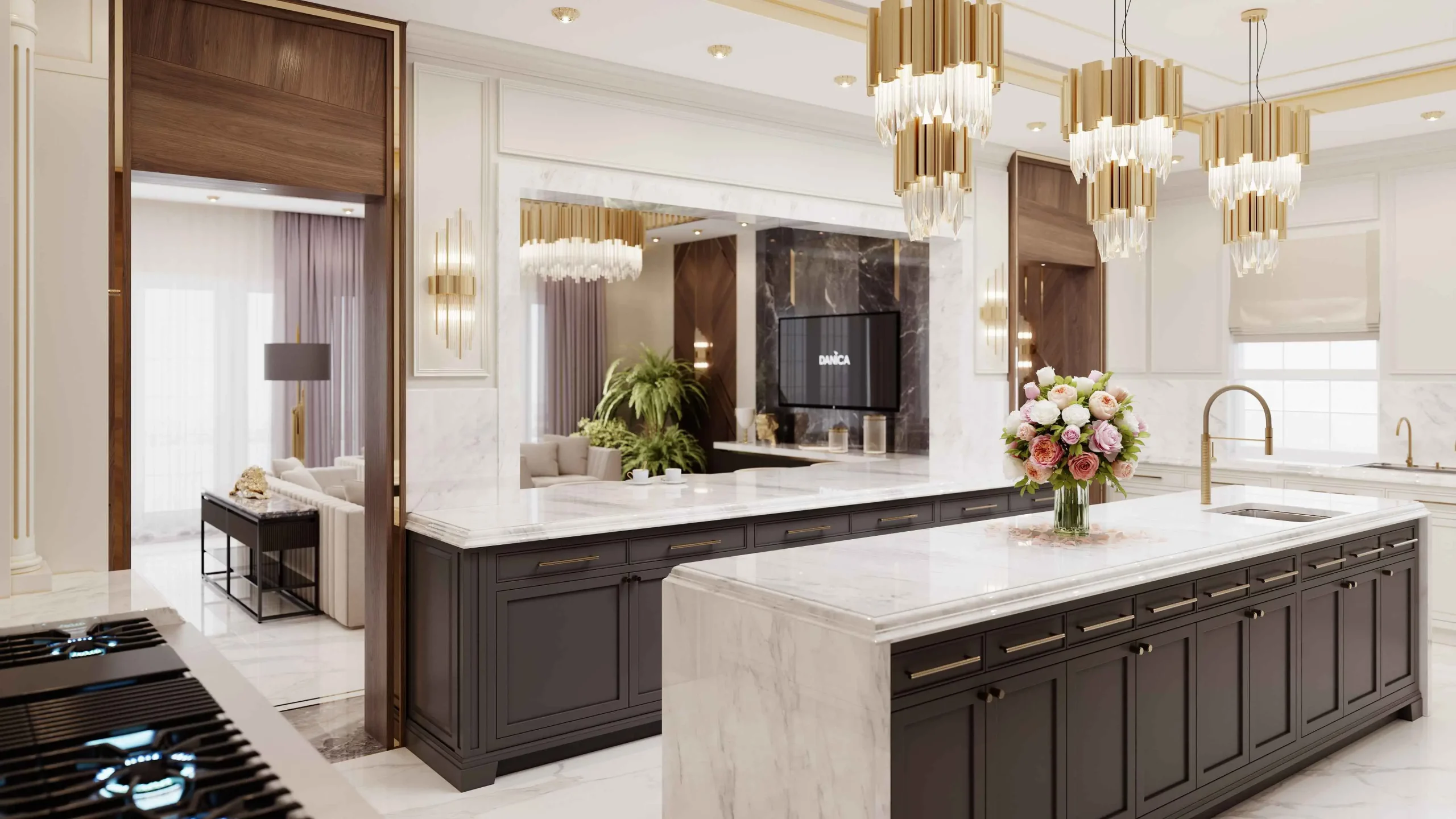 versace apartment interior design luxury interior — wide view; contemporary classic composition with branded accents and high-end finishes (Danica Space)