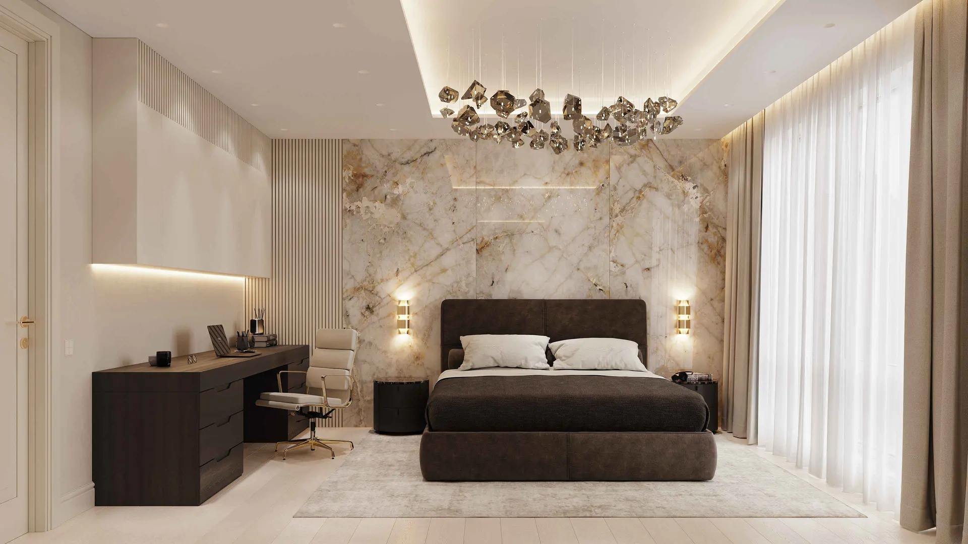 Bedroom with accent wall lighting
