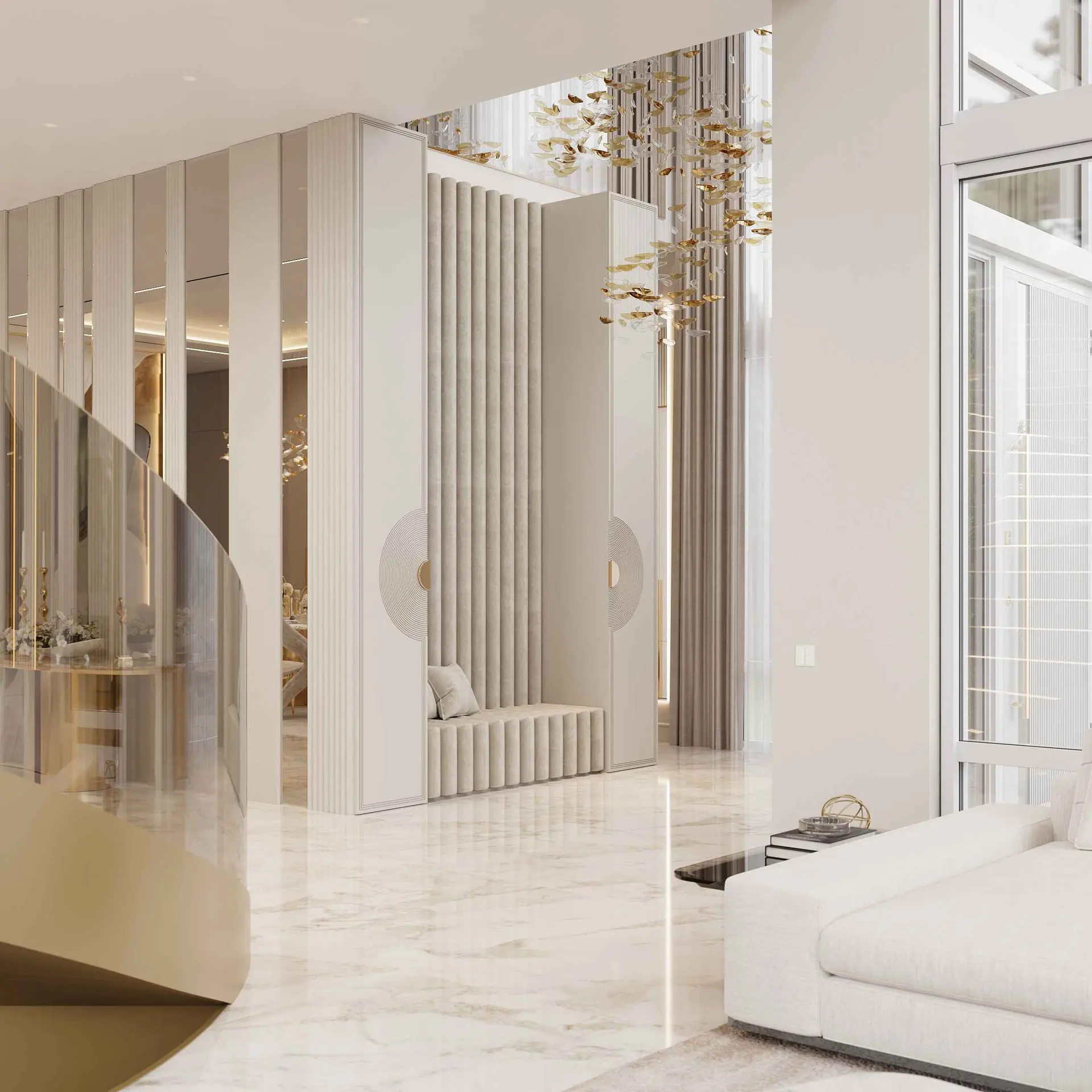 Foyer — double height and curved staircase marble floor