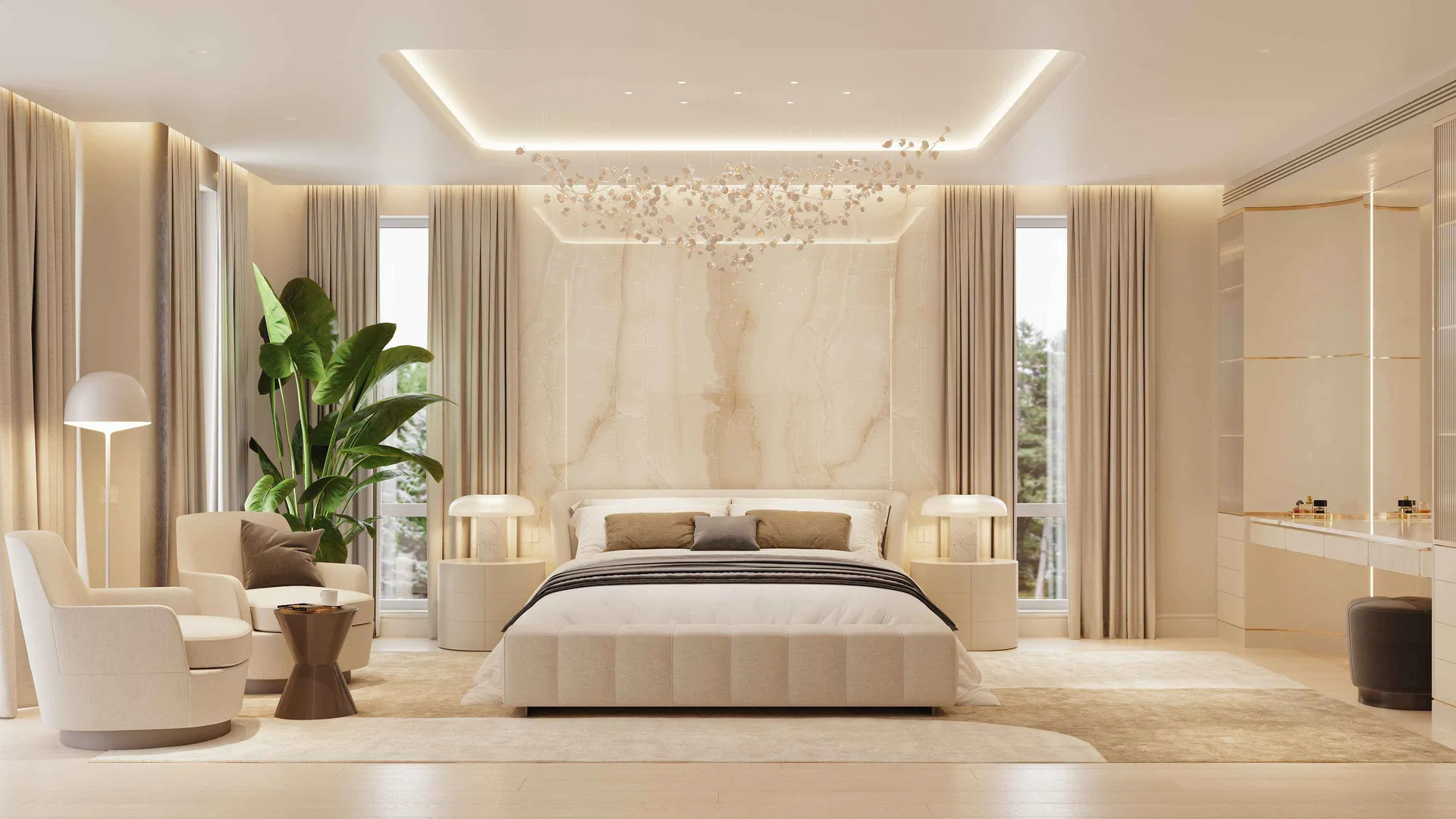 Master bedroom view featuring cove lighting