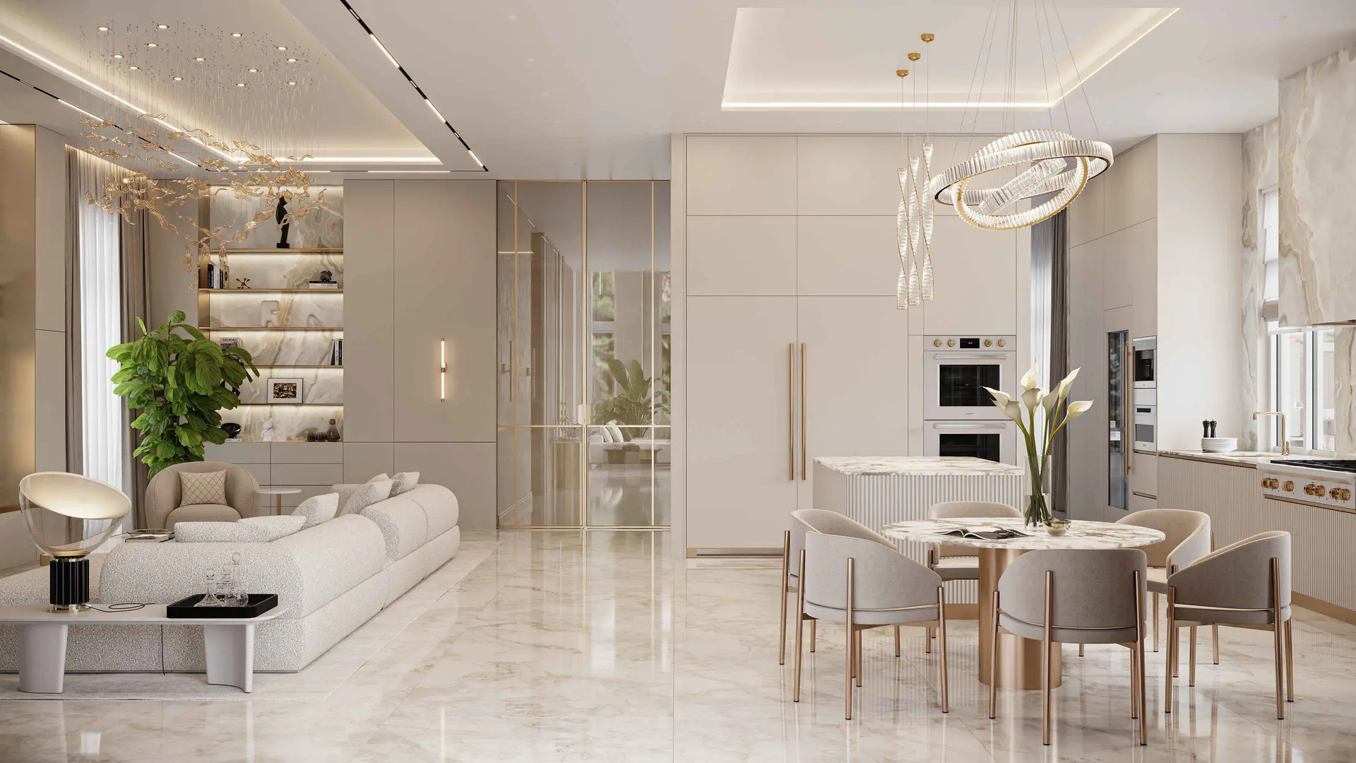 Open-plan living view featuring living dining kitchen sculptural light
