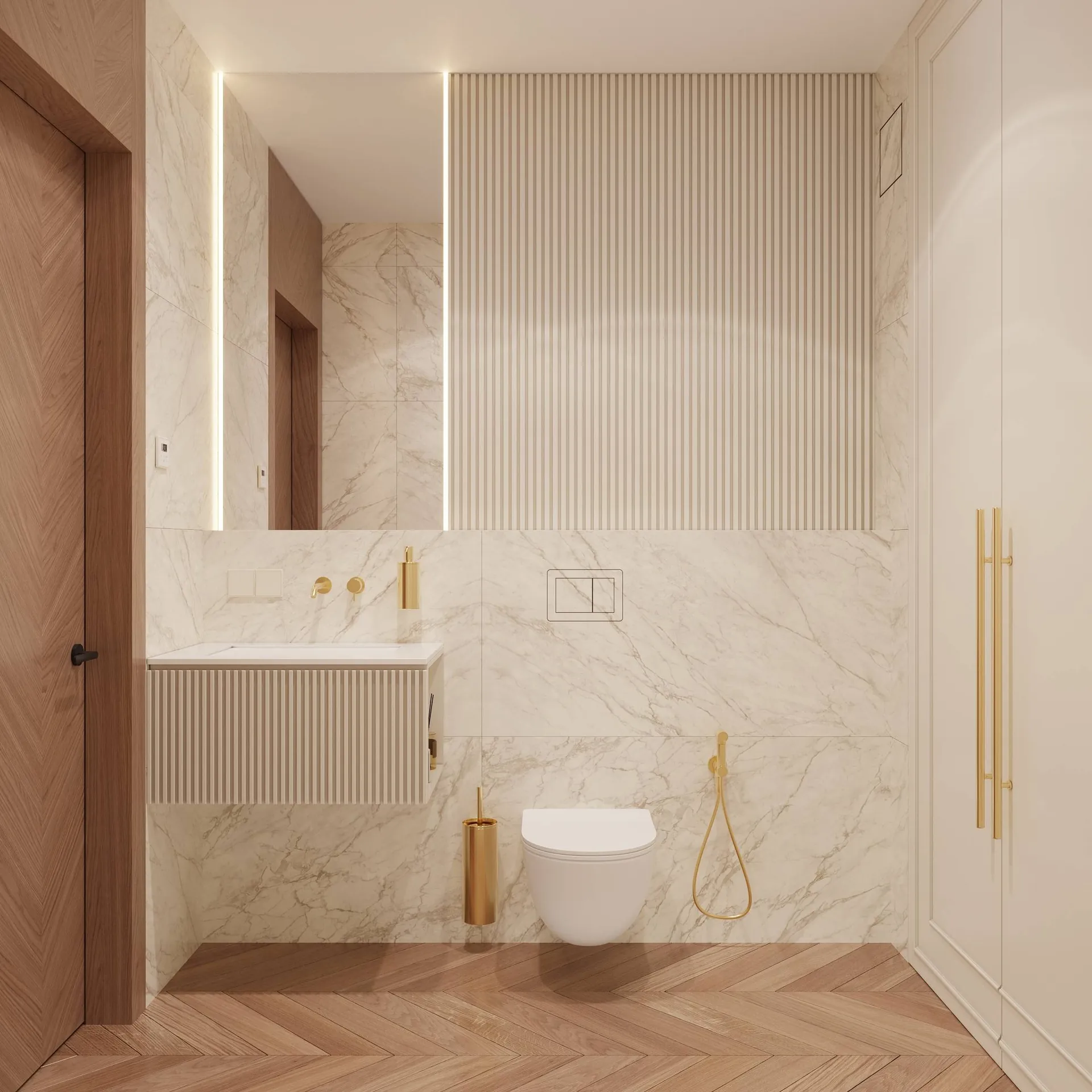 Park Stone Residence interior design: bathroom view with bathroom marble shower wall mosaic accent