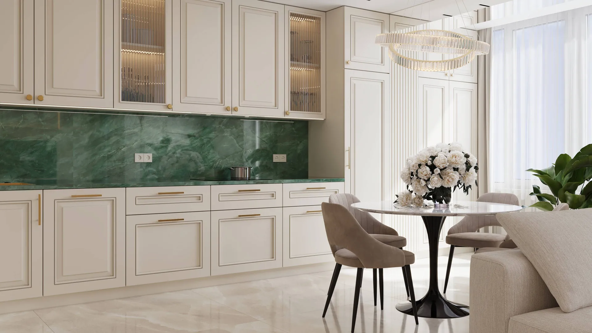 Park Stone Residence interior design: kitchen view with kitchen dining green stone backsplash brass hardware