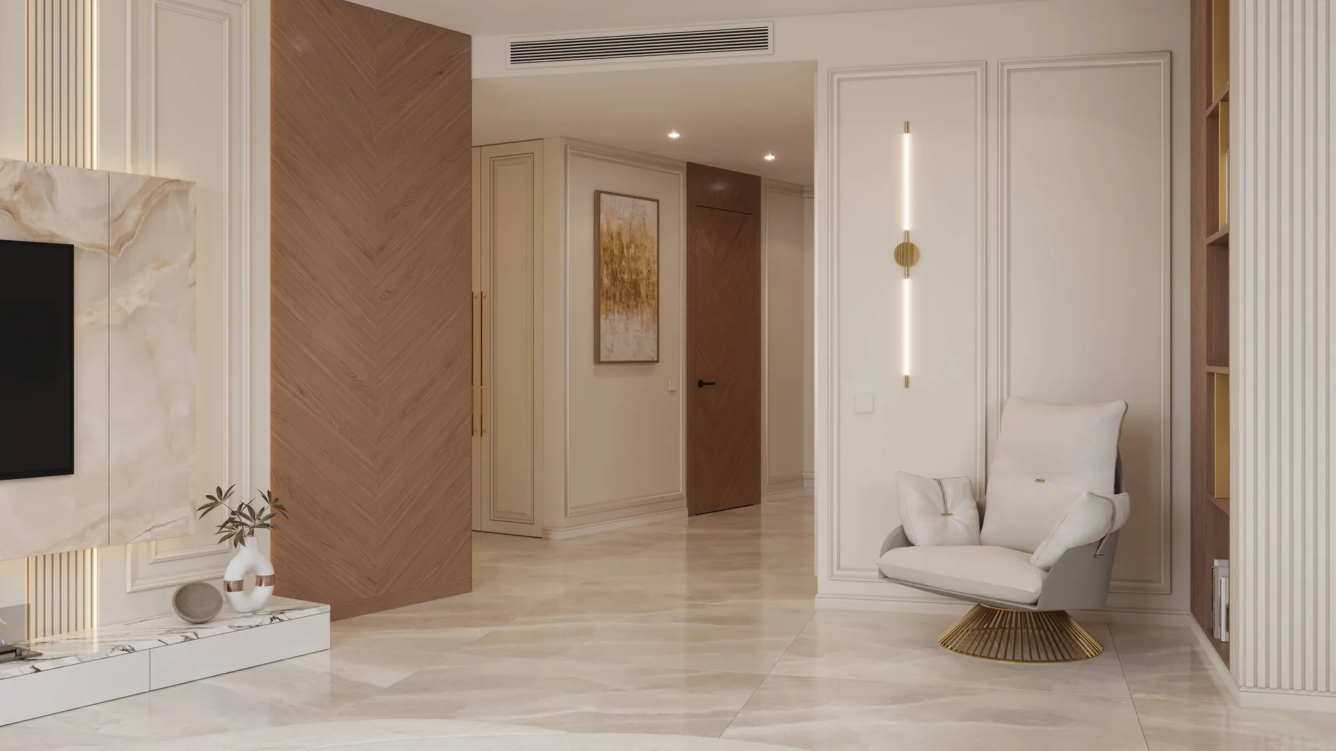 Park Stone Residence interior design: dining view with dining table round marble top soft upholstery