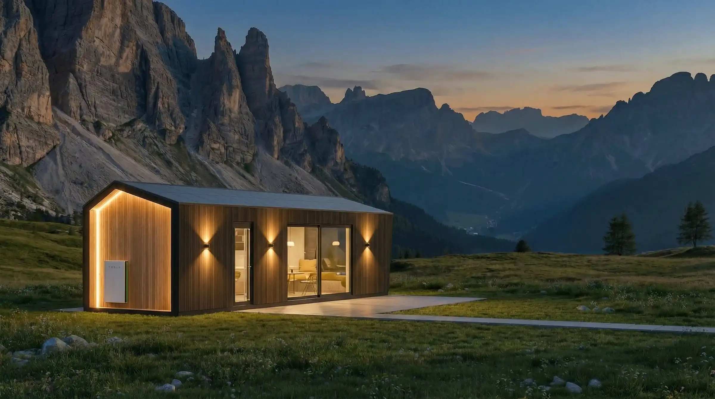 Alpina modular house night exterior with valley depth and facade lighting