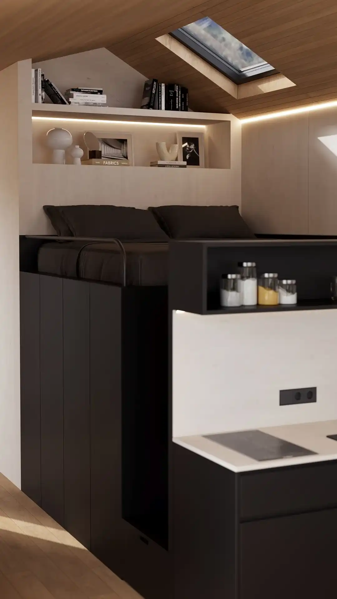 Alpina modular house interior kitchen-living with compact bar seating