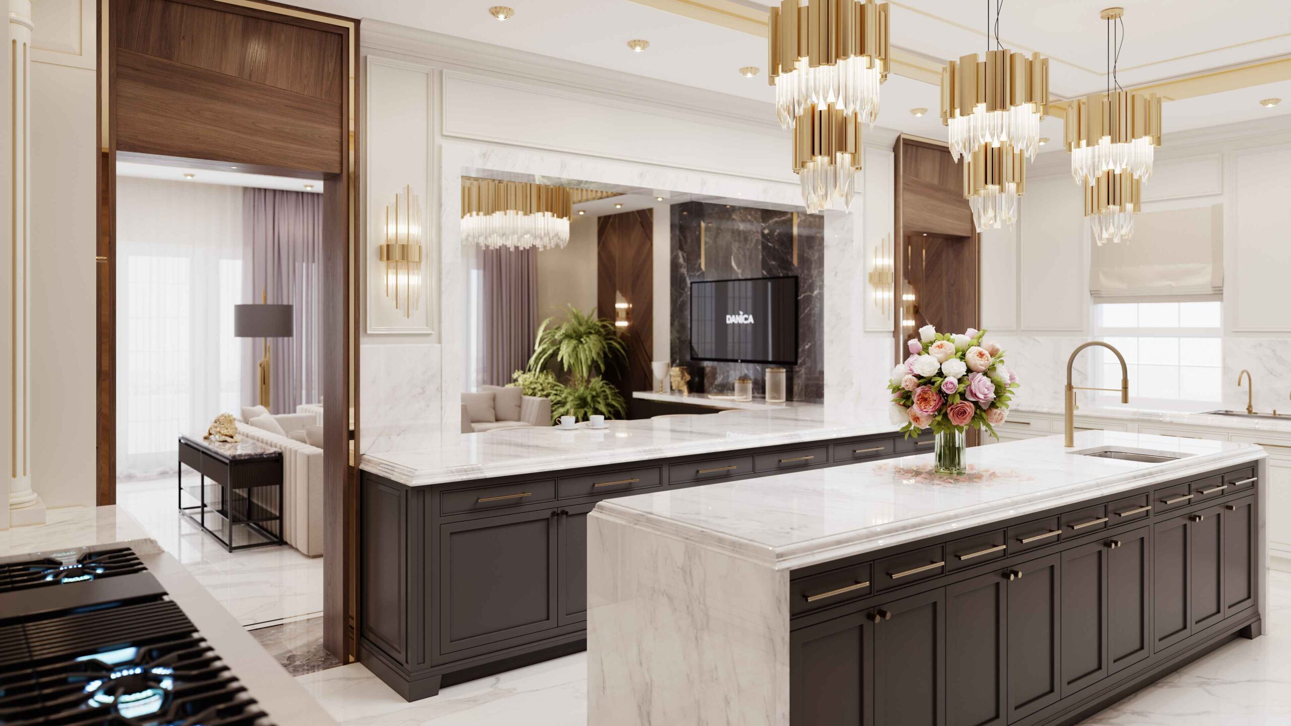 Versace apartments living room with La Medusa style sofa, marble coffee table and dining area in the background
