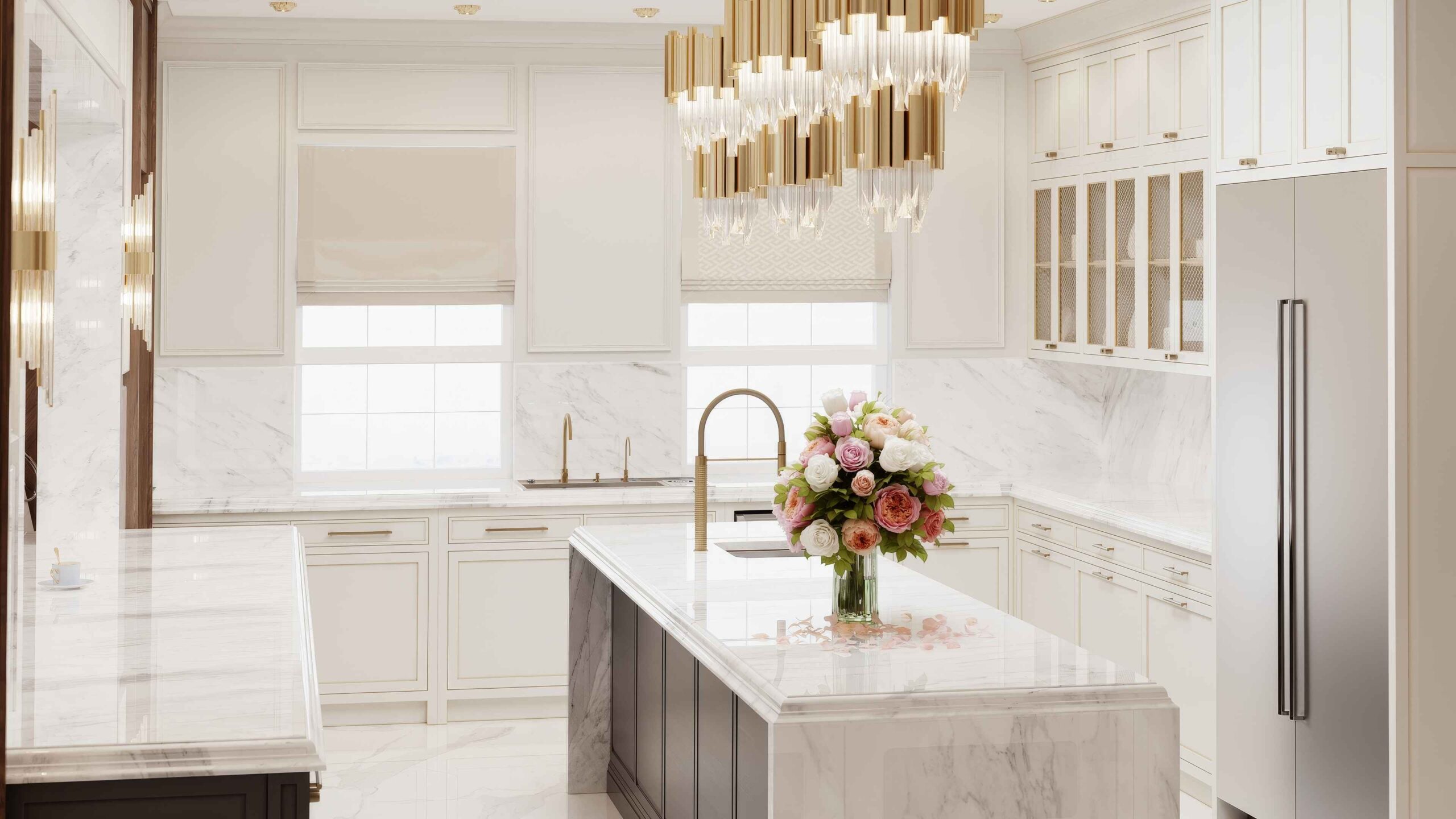 Versace apartments open kitchen with marble bar counter, Versace bar stools and gold chandeliers