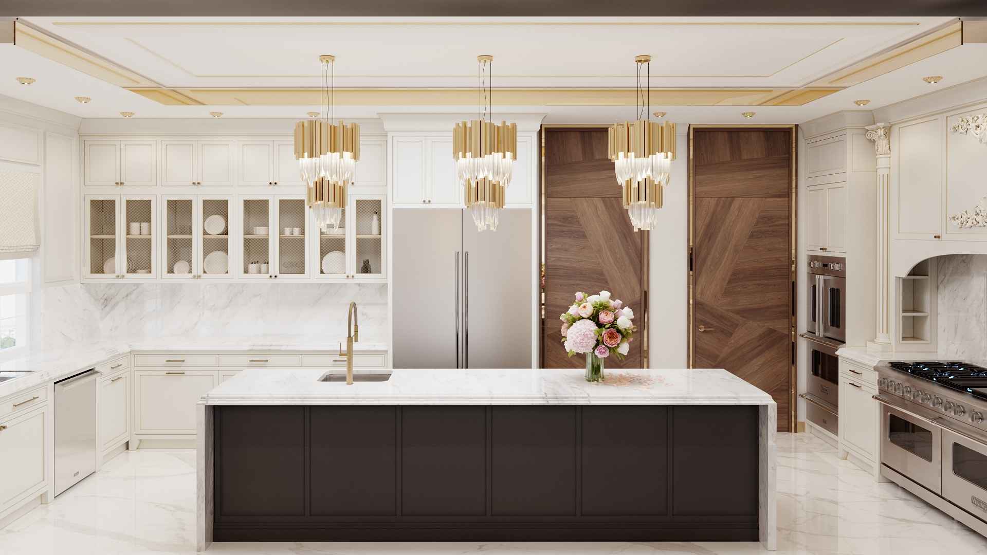 Bright classic Versace style kitchen with marble island, gold faucet and flower bouquet