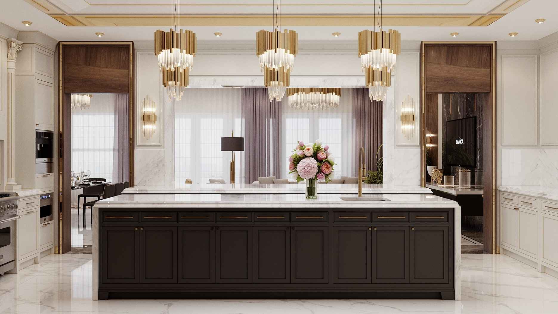 Versace apartments dining table and living room viewed from marble kitchen counter