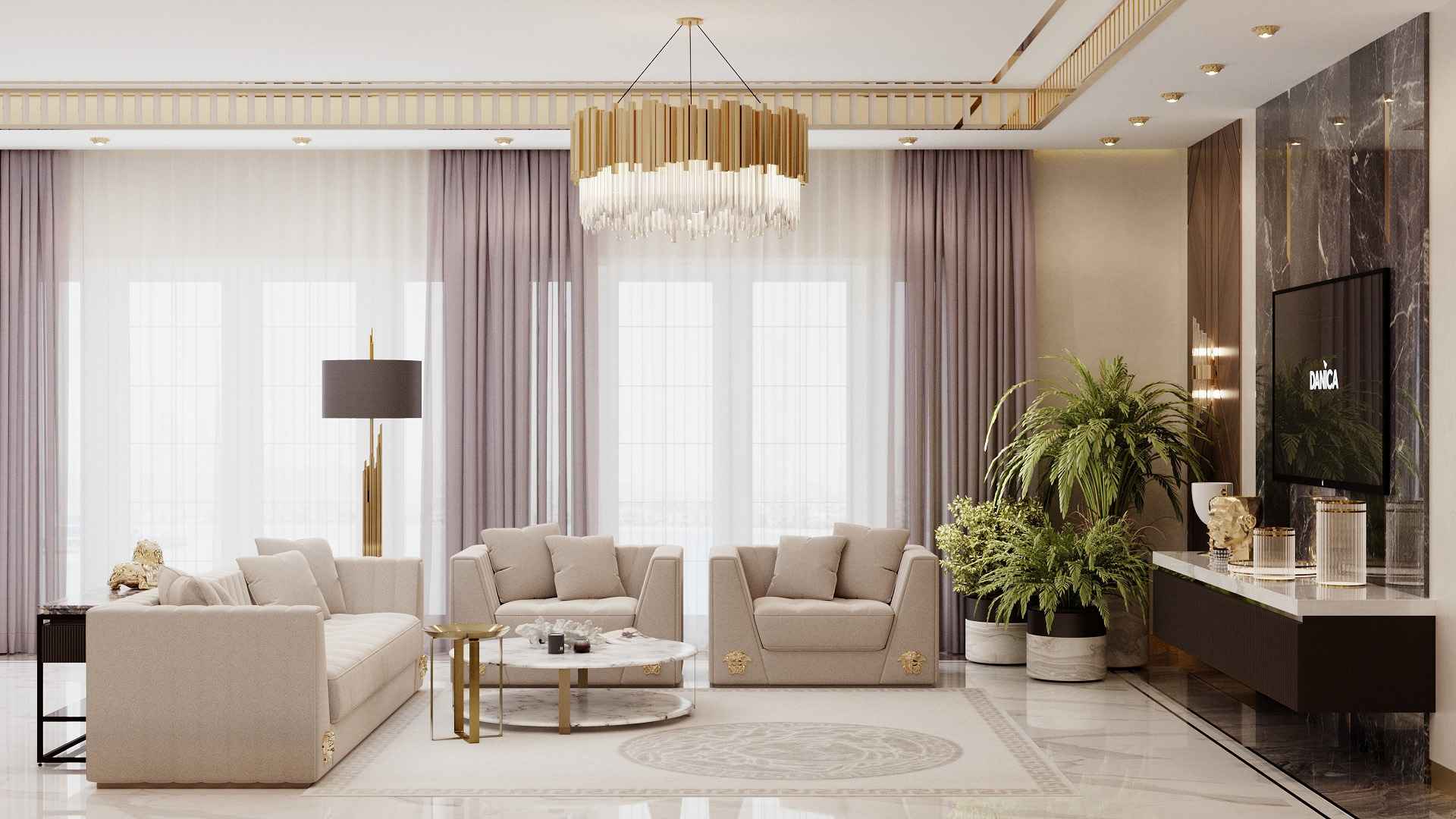Versace apartments kitchen with dark marble island, three gold chandeliers and built-in appliances