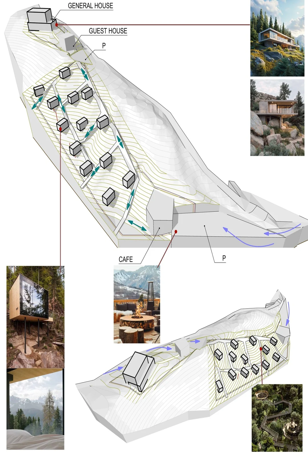 Concept design with space planning and massing study on a hillside plot