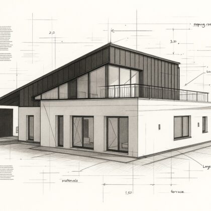 Concept design with space planning and massing study on a hillside plot