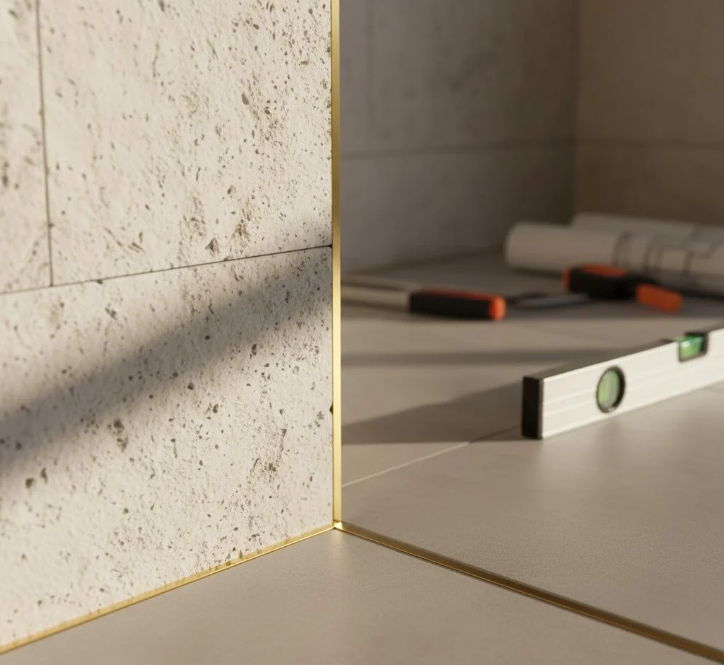 Precision materials detail brass trim with stone wall and large format flooring for a Croatia apartment renovation