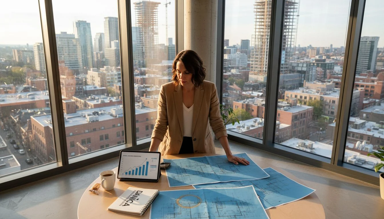 Investor reviewing apartment layout floor plans