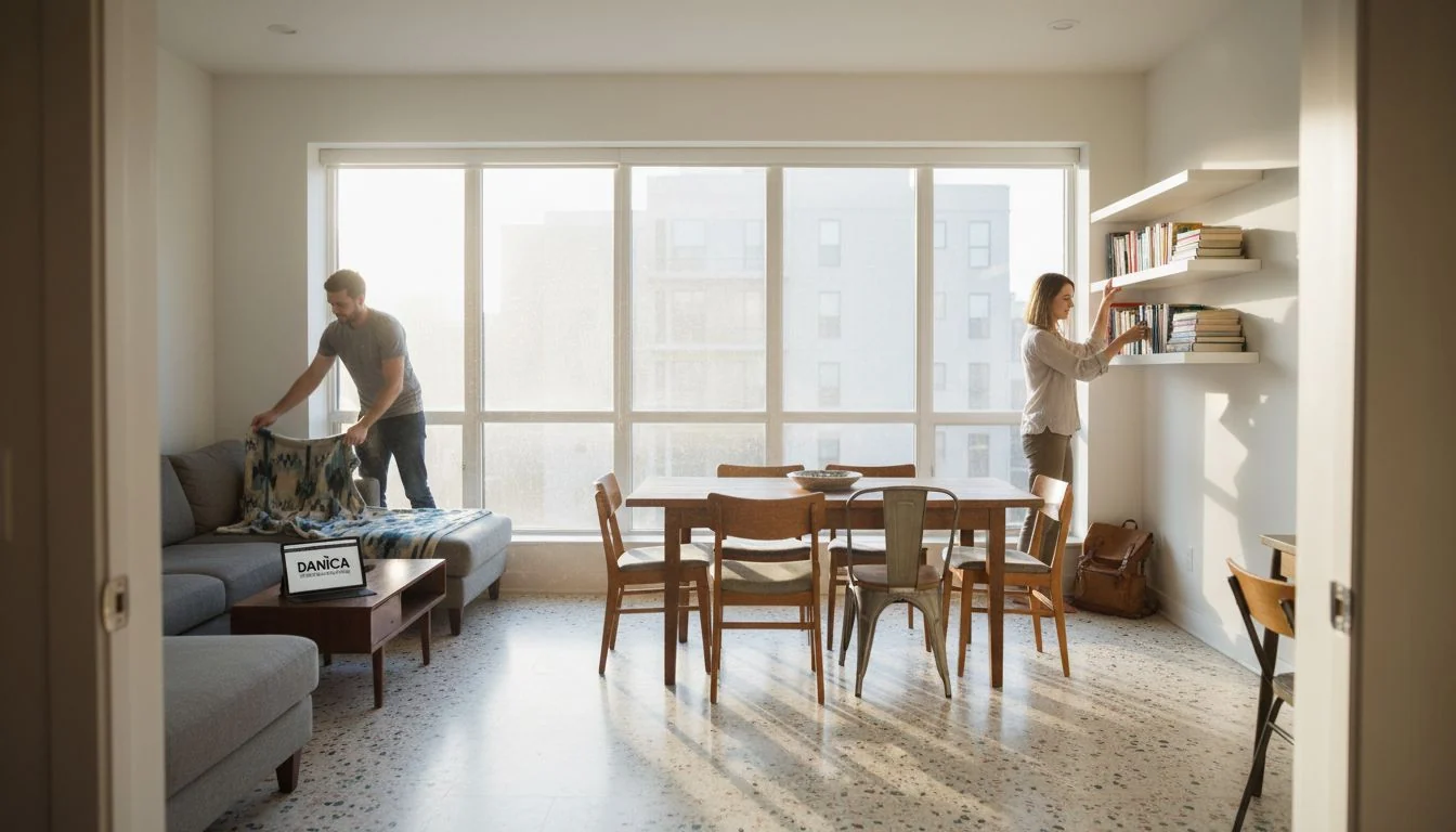 Couple arranging mixed style apartment furniture