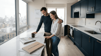 Couple admiring renovated city apartment kitchen