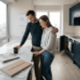 Couple admiring renovated city apartment kitchen