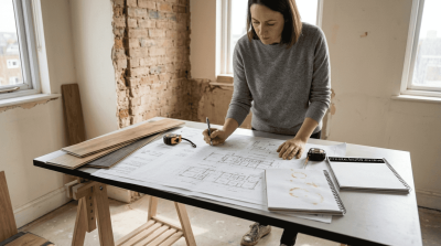 Architect reviewing apartment blueprints on site