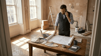 Interior designer reviewing renovation blueprints