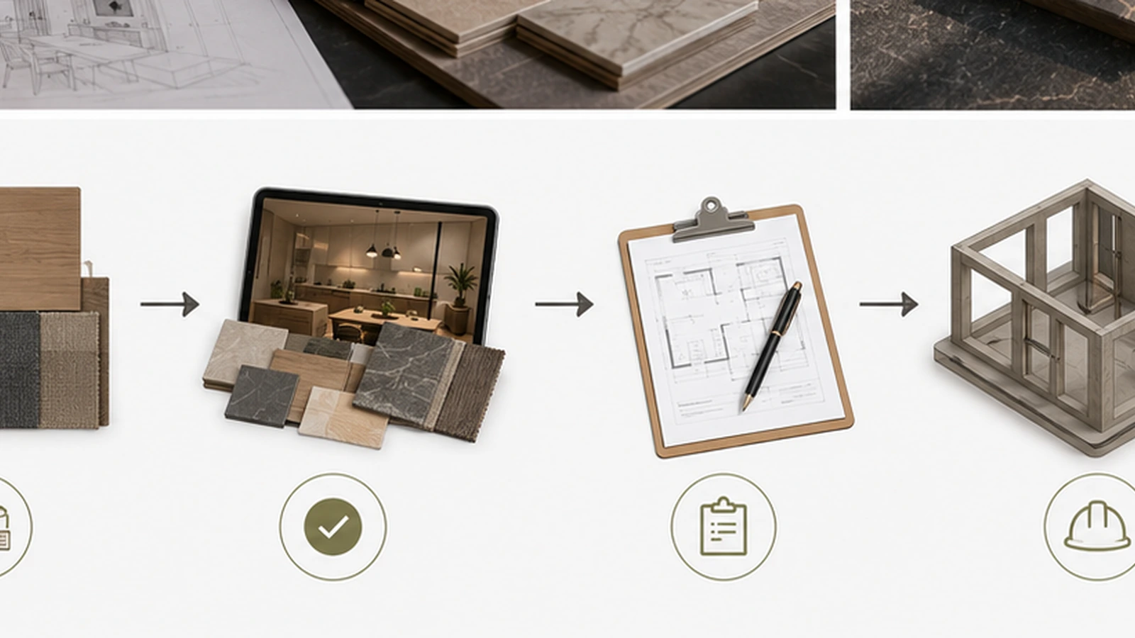 CGI renovation decision workflow from visualization to material approval, contractor scope and site execution